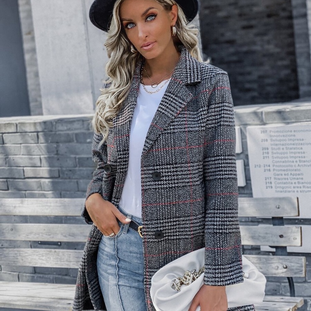 Classic Plaid Print double breasted blazer jacket coat - Picture 3 of 7